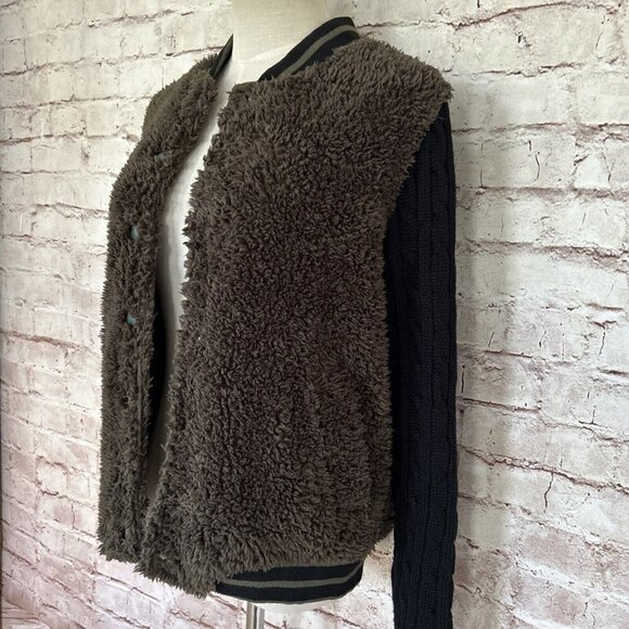 Audrey 3+1 Cable Knit Fleece Varsity Style Sweater Jacket Brown Black Size S NEW - Picture 3 of 5